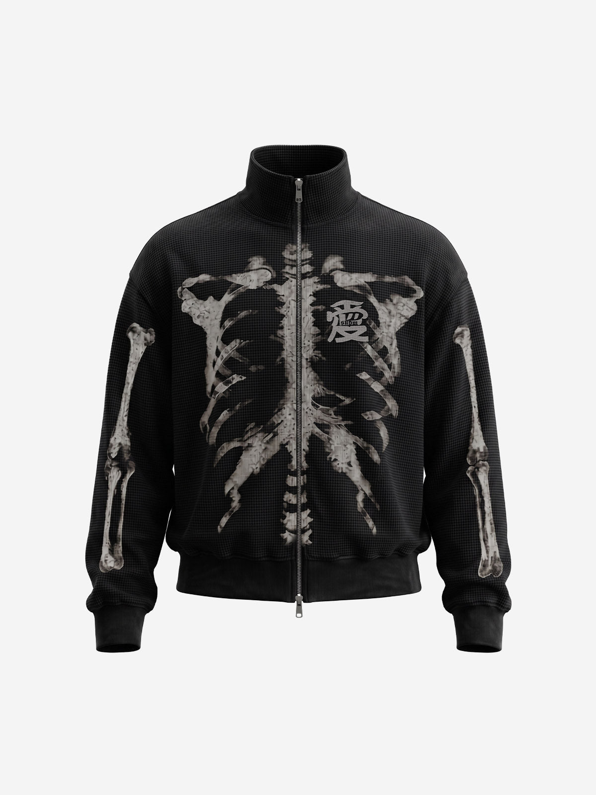 Skull Graphic Waffle Double-Zip Stand-Collar Sweatshirt