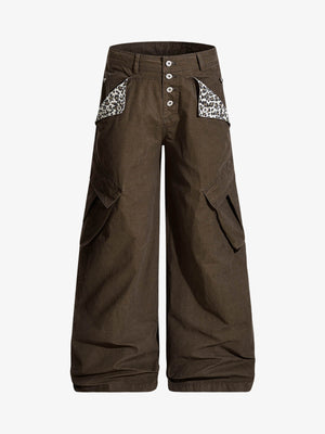 Vintage Patchwork Leopard Pocket Wide Leg Cargo Pants