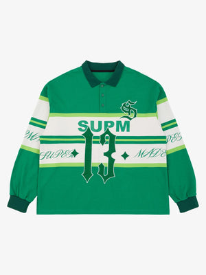Supermade Color-Blocked Polo Collar Embroidered Print Long-Sleeved Jersey 