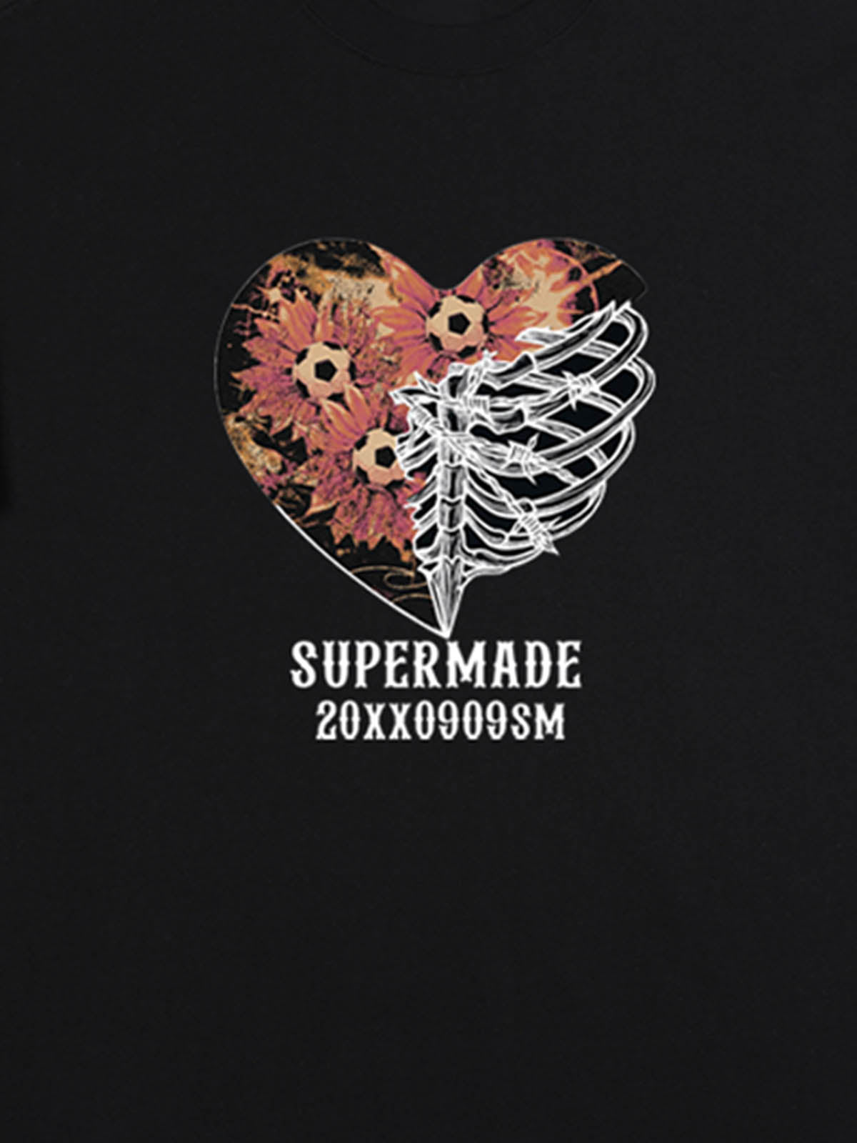 Cotton Black Heart Print Graphic T-Shirt with Floral and Skeleton Design 