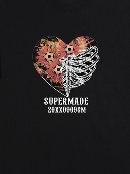 Cotton Black Heart Print Graphic T-Shirt with Floral and Skeleton Design 