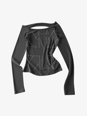 Eyelet Detail Off-Shoulder Long Sleeve Tee
