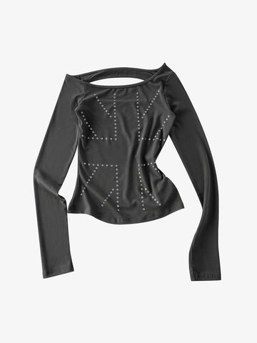 Eyelet Detail Off-Shoulder Long Sleeve Tee