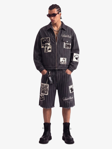 Vintage Pinstripe Patchwork Baggy Denim Set 