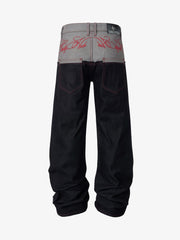Faux-Layered Embroidered Color Block Jeans