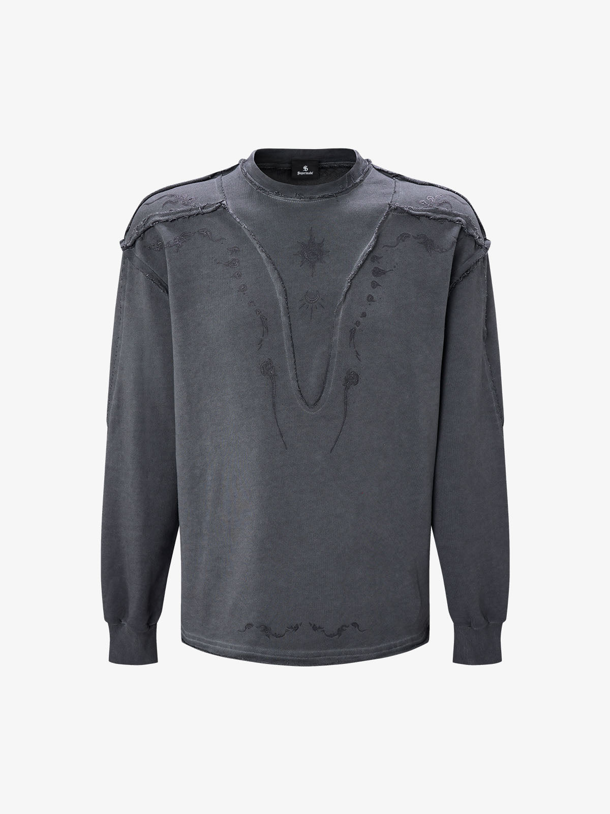 Deconstructed Distressed Raw-Edge Long Sleeve Tee; Dark Gray / M, Dark Gray / L, Dark Gray / XL