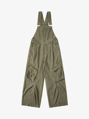 Pleated Knee Cargo Denim Overalls 
