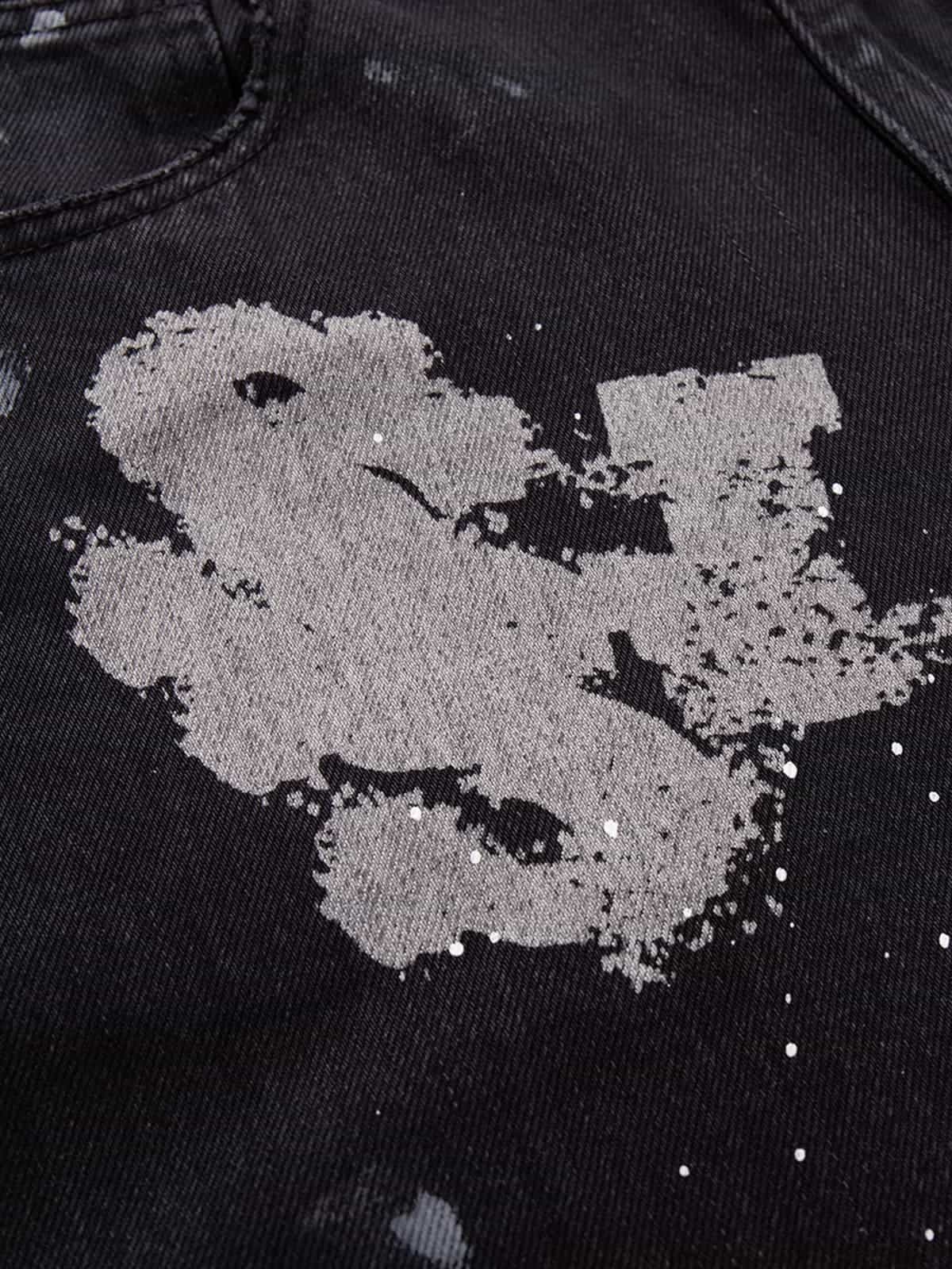 Retro Rhinestone Graffiti Washed Straight Jeans 