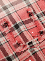 Paint Splatter Plaid Frayed Hem Button Up Shirt 