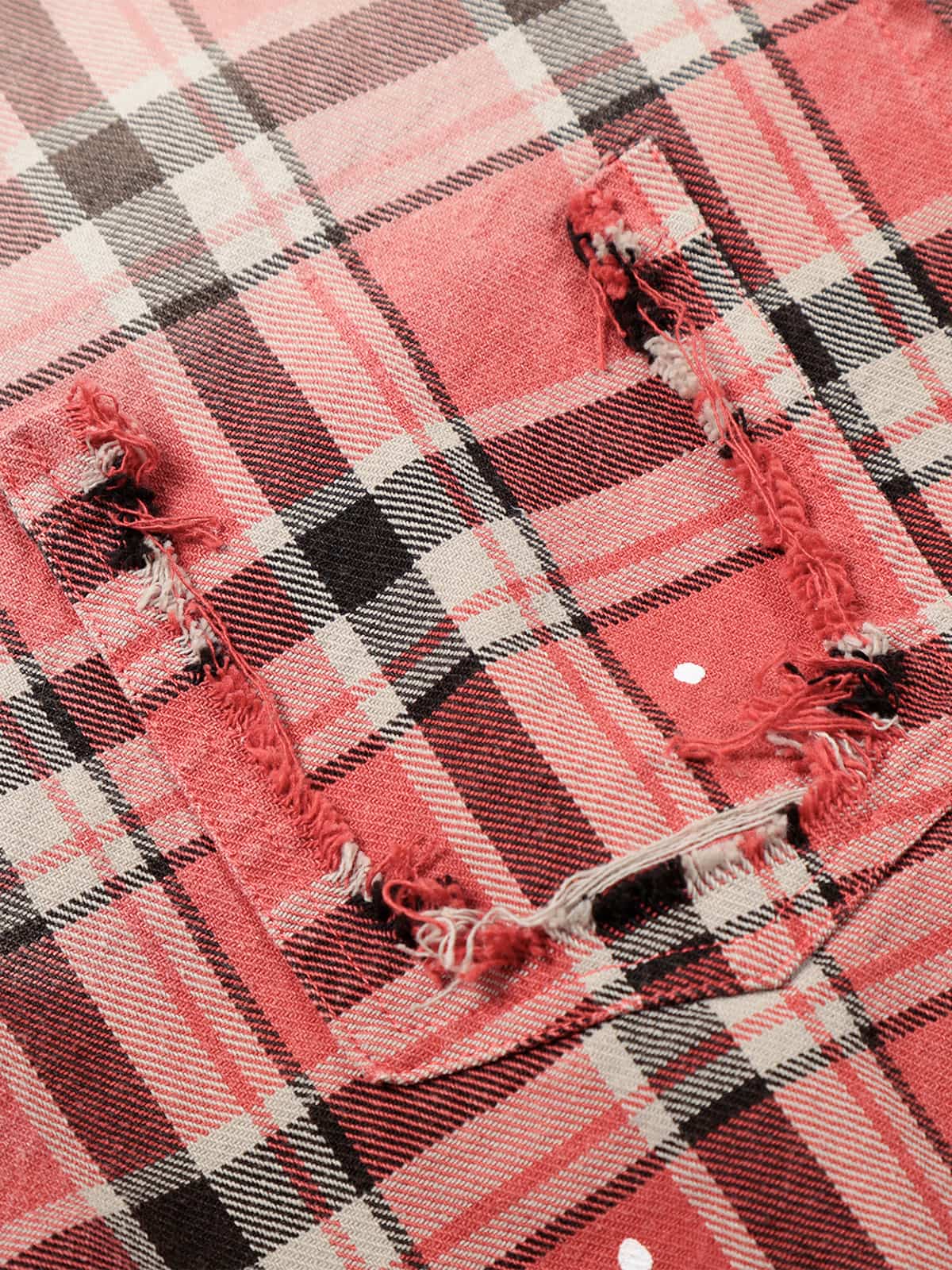 Cotton Plaid Shirt with Paint Splatter Design, Distressed Hem and Pockets, Casual Men's Long Sleeve Button-Up Jacket 