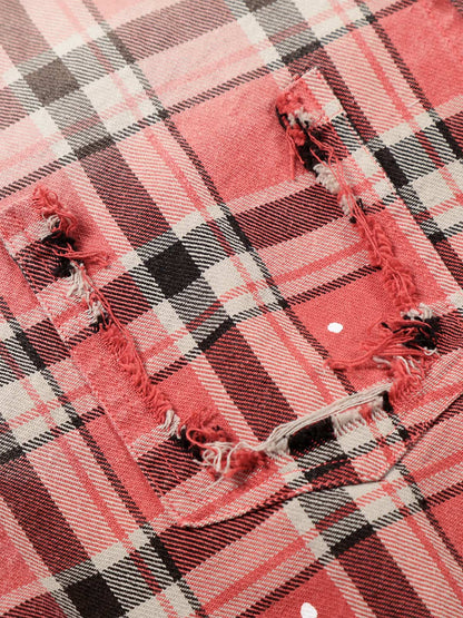 Cotton Plaid Shirt with Paint Splatter Design, Distressed Hem and Pockets, Casual Men's Long Sleeve Button-Up Jacket 