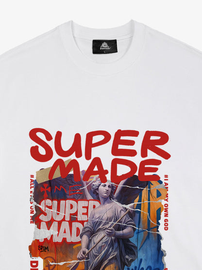 Cotton Blend SUPERMADE Sculpture Sraffiti Sticker Pattern T-Shirt 