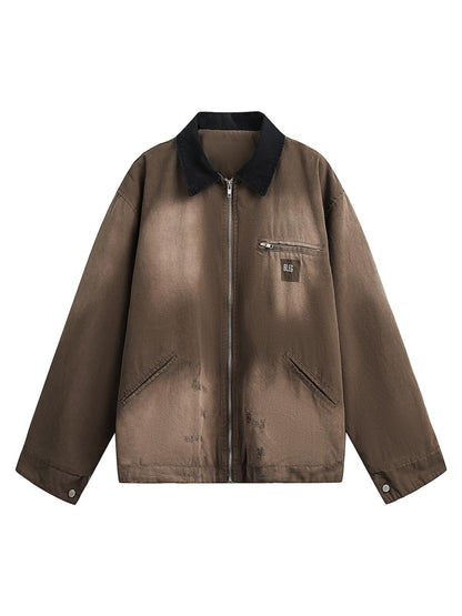 Washed Ripped Gradient Zip Up Work Jacket 