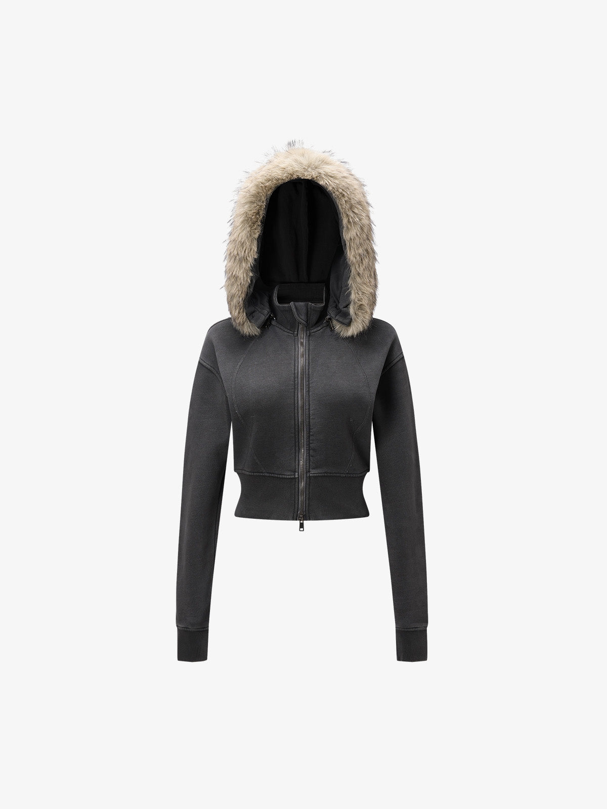 Distressed Faux Fur Slim Zip-Up Hoodie