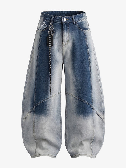 Denim Wide-Leg Cropped Jeans with Gradient Wash and Chain Detail 