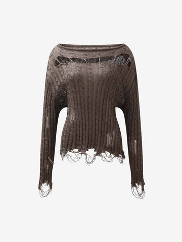 Distressed Pin Off-Shoulder Sweater