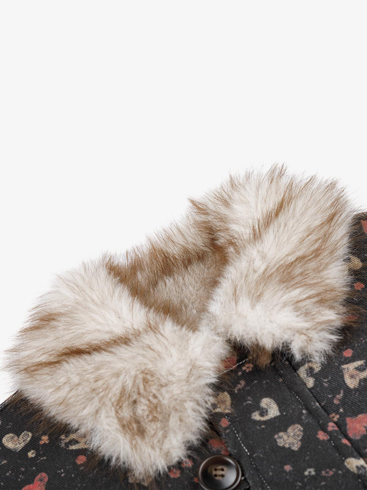 Heart Graphic Faux-Fur Collar Denim Padded Coat