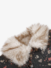Heart Graphic Faux-Fur Collar Denim Padded Coat