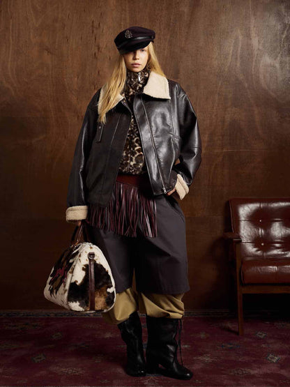 Vintage Shearling Collar Quilted Leather Jacket 