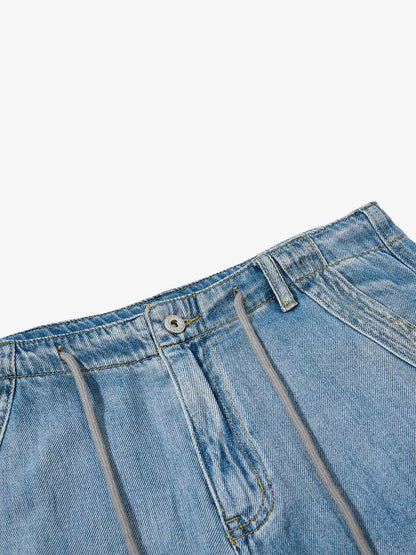 Distressed Denim Shorts with Embroidered Graphic – Drawstring Waist Cotton Fit