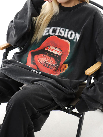 Graphic Creative Lip Print Washed Sweatshirt 