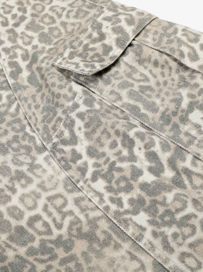 Light Leopard Print Wide-Leg Cargo Barrel Pants 