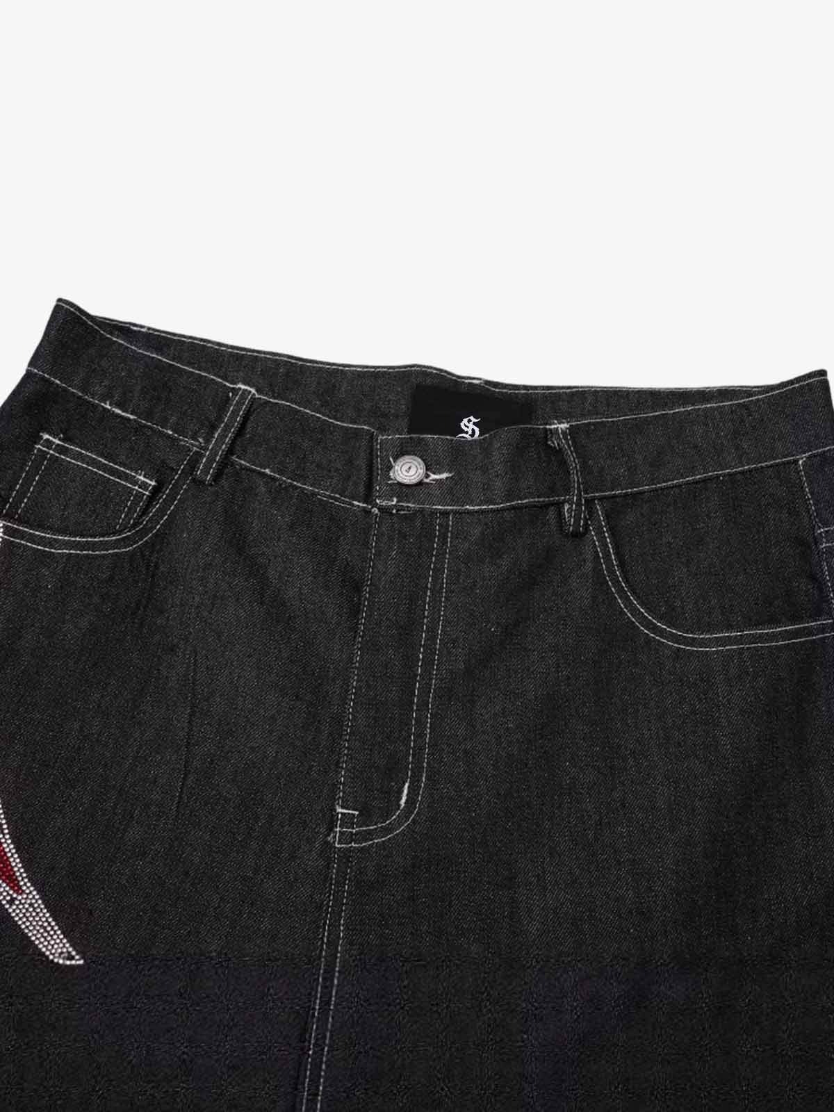 Denim Wide Leg Pants with Red Embroidery Design for Women Fashion Streetwear 