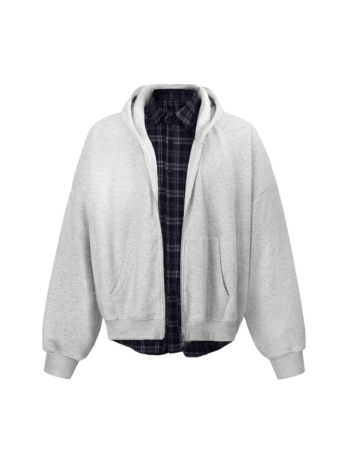 Faux Two-Piece Plaid Fleece Hooded Jacket 