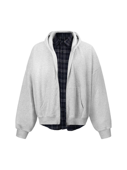 Faux Two-Piece Plaid Fleece Hooded Jacket 
