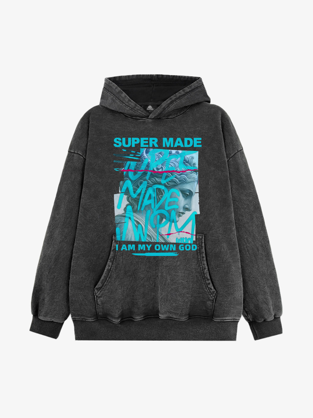 French Terry Vintage Graffiti Statue-Print Hooded Sweatshirt 