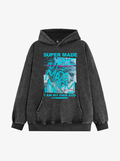 French Terry Vintage Graffiti Statue-Print Hooded Sweatshirt 