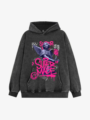 Pink Letter Graffiti Angel Print Hooded Sweatshirt 