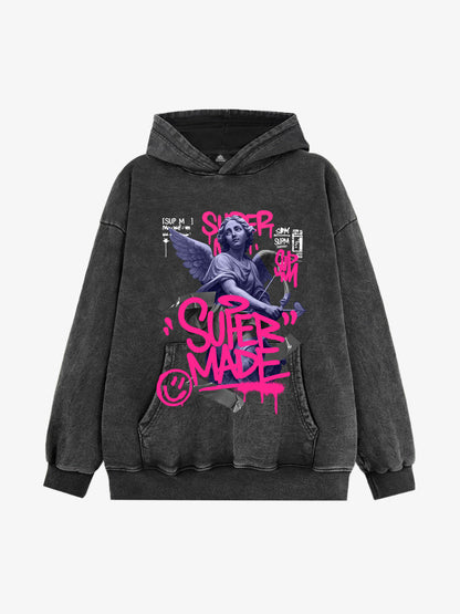 Pink Letter Graffiti Angel Print Hooded Sweatshirt 