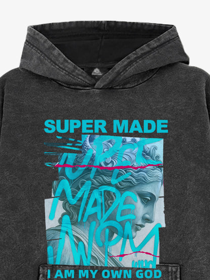 French Terry Vintage Graffiti Statue-Print Hooded Sweatshirt 