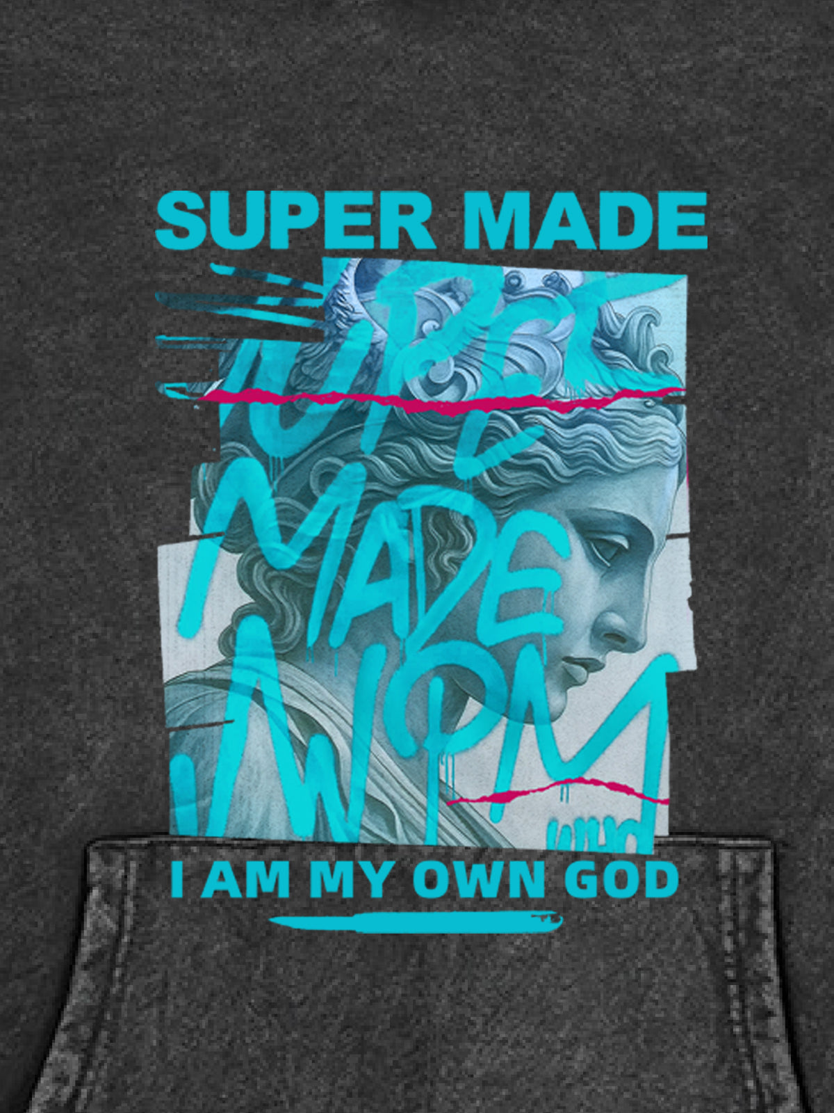 French Terry Vintage Graffiti Statue-Print Hooded Sweatshirt 