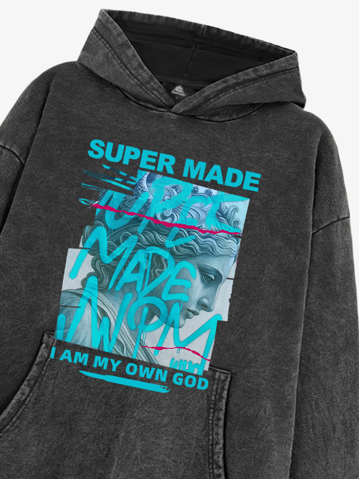 French Terry Vintage Graffiti Statue-Print Hooded Sweatshirt 