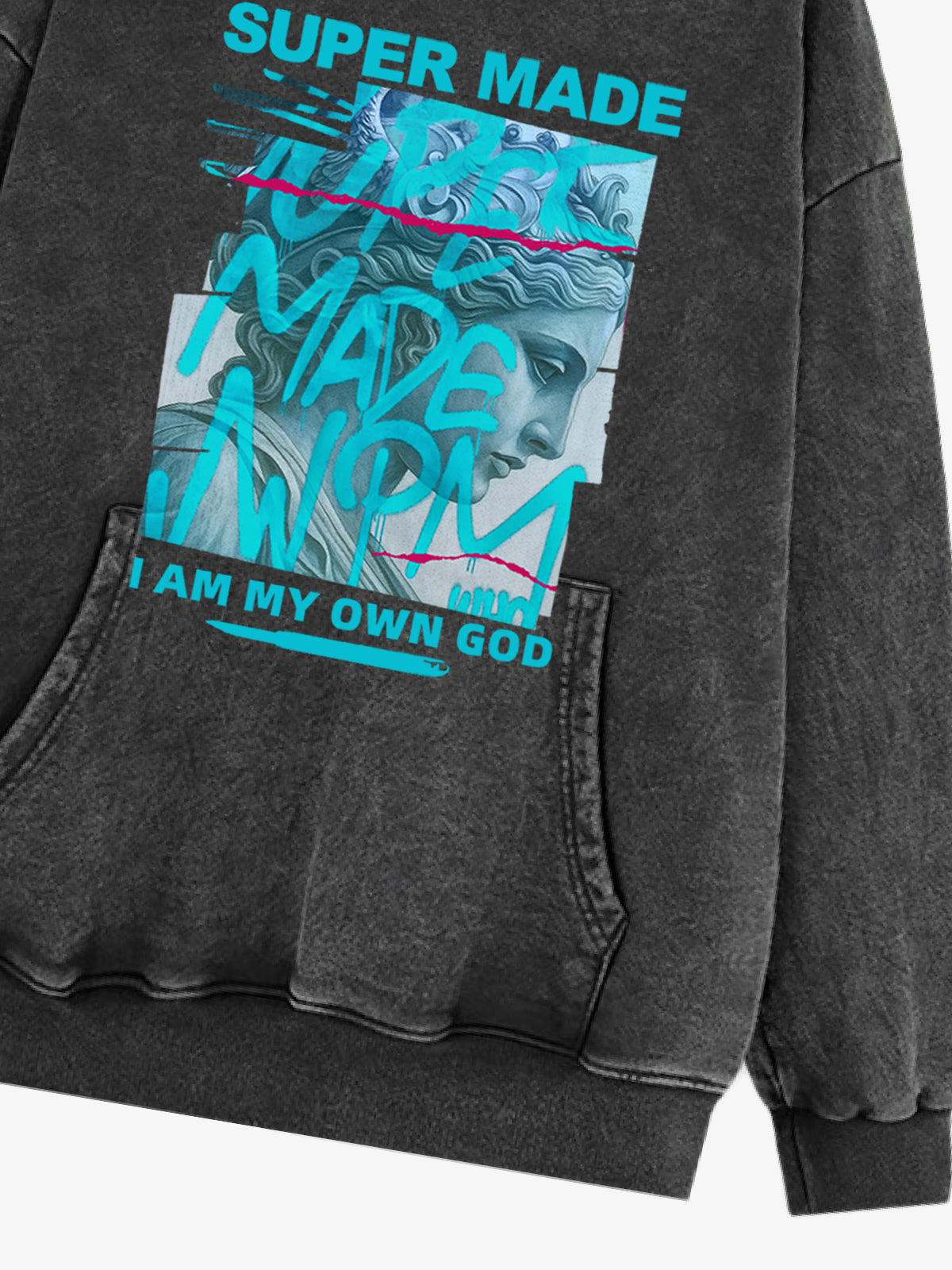 French Terry Vintage Graffiti Statue-Print Hooded Sweatshirt 