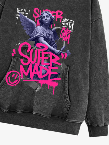Pink Letter Graffiti Angel Print Hooded Sweatshirt 