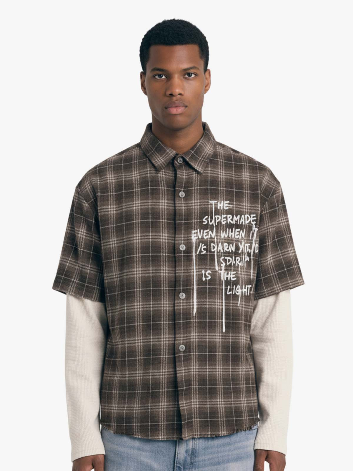 Cotton Street Distressed Plaid Faux Two-Piece Shirt 