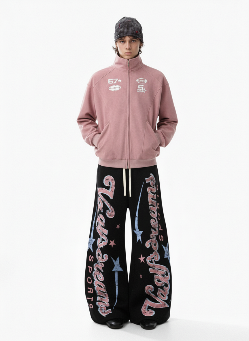 Retro Graphic Fleece-Lined Baggy Sweatpants 