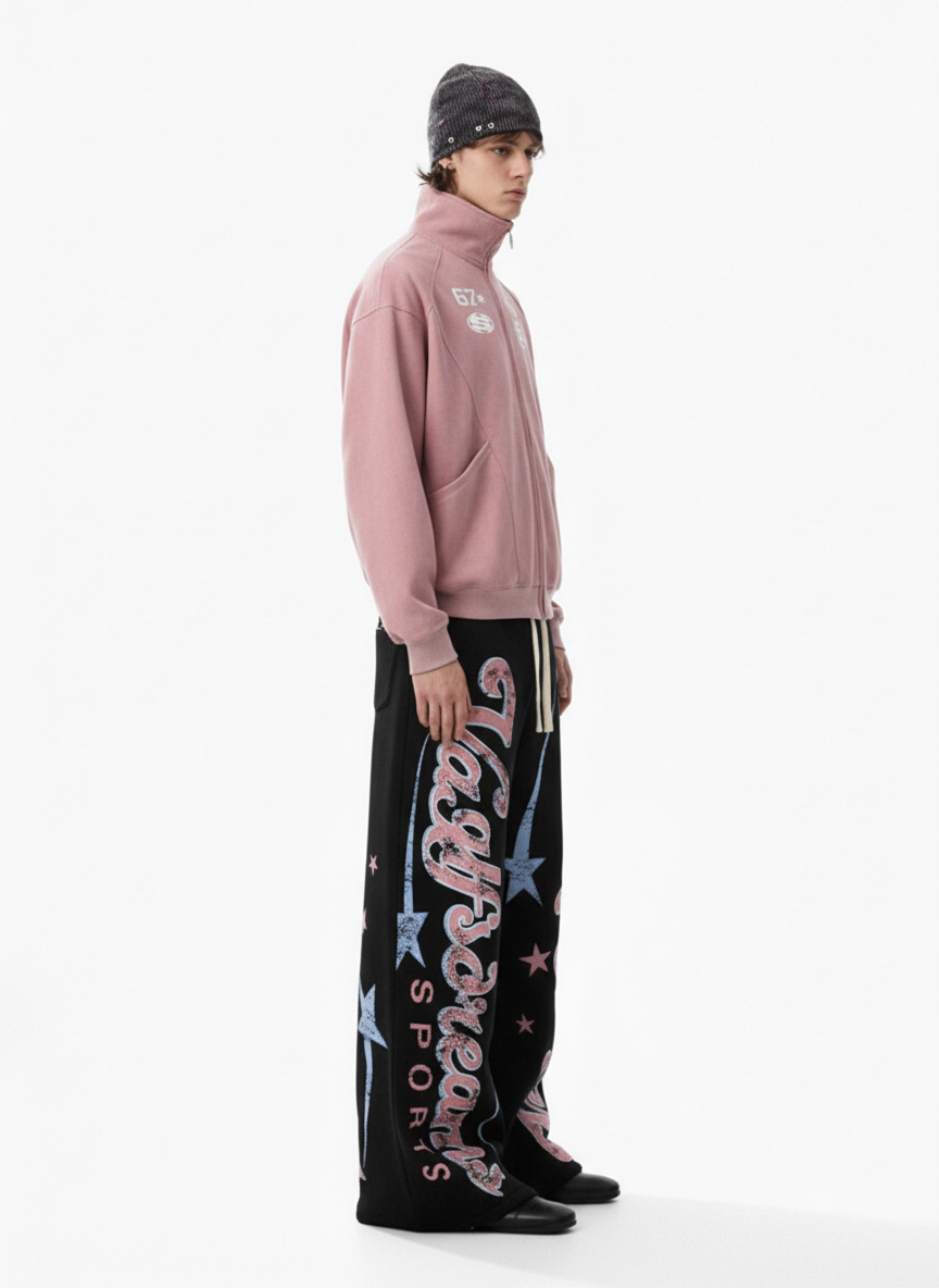 Retro Graphic Fleece-Lined Baggy Sweatpants 