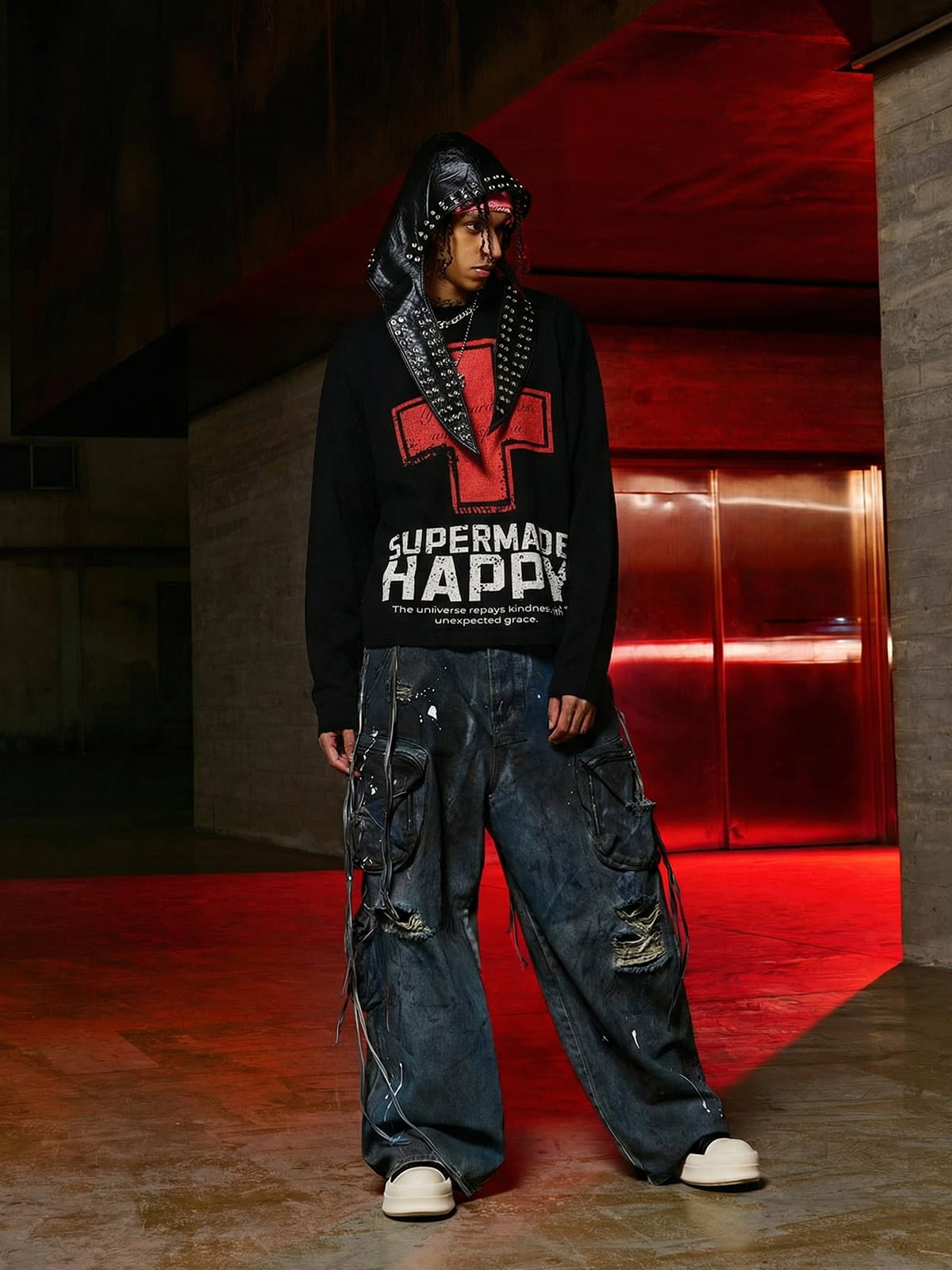 Street Cross Lettering Print Long-Sleeved T-Shirt 