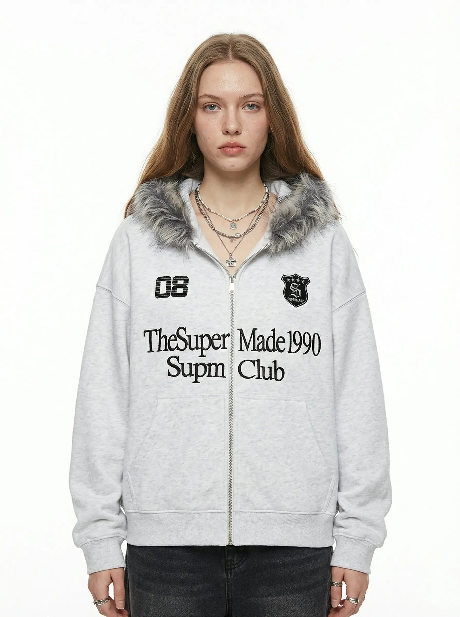 Letter Medal Embroidered Cardigan Fur Collar Zip Up Hoodie- 2502 