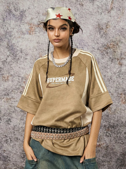 Suede Contrast Color Spliced Letter Embroidery Oversize T-shirt - 2462 
