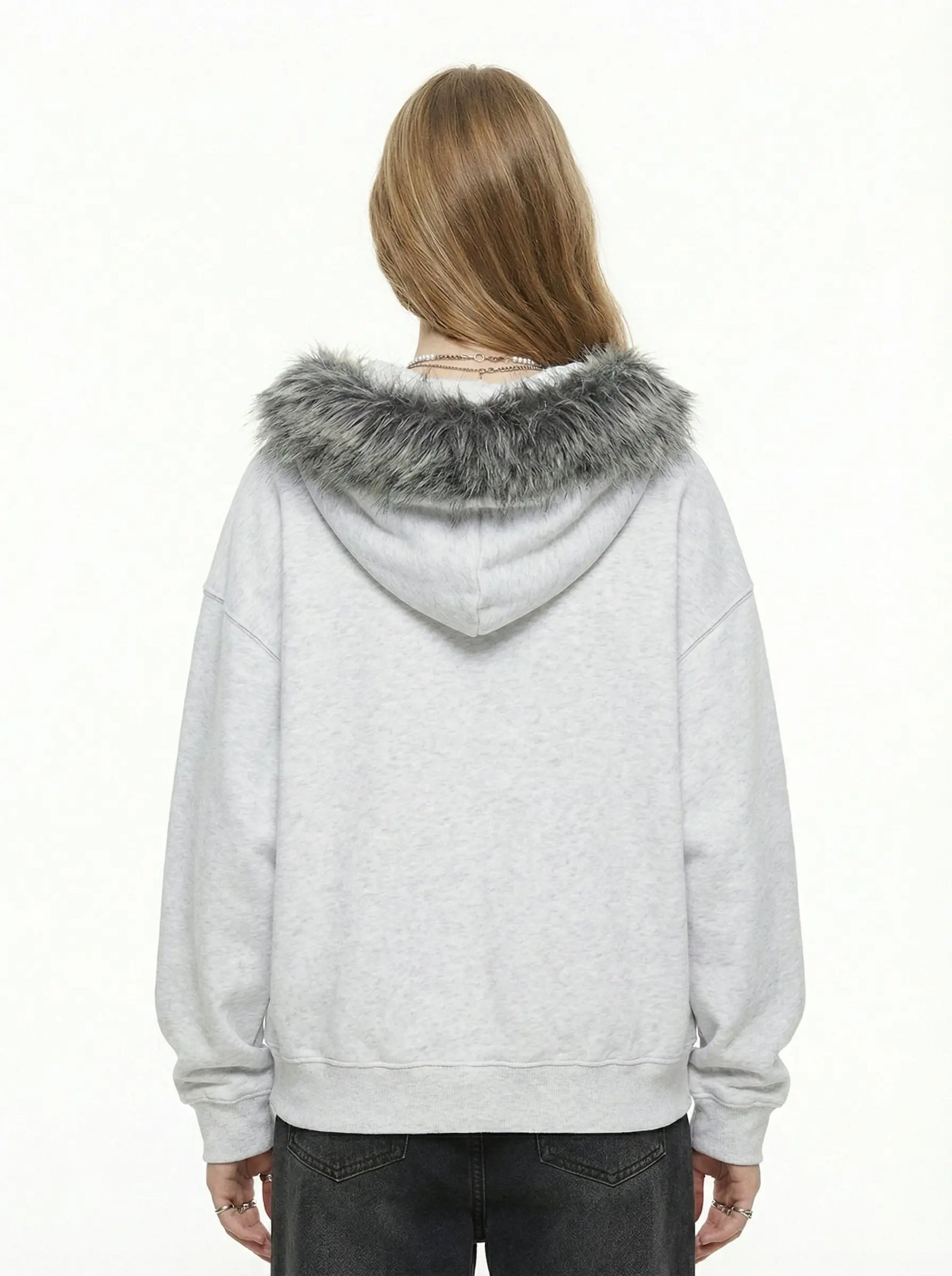 Letter Medal Embroidered Cardigan Fur Collar Zip Up Hoodie- 2502 