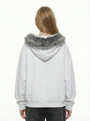 Letter Medal Embroidered Cardigan Fur Collar Zip Up Hoodie- 2502 