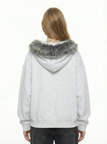 Letter Medal Embroidered Cardigan Fur Collar Zip Up Hoodie- 2502 