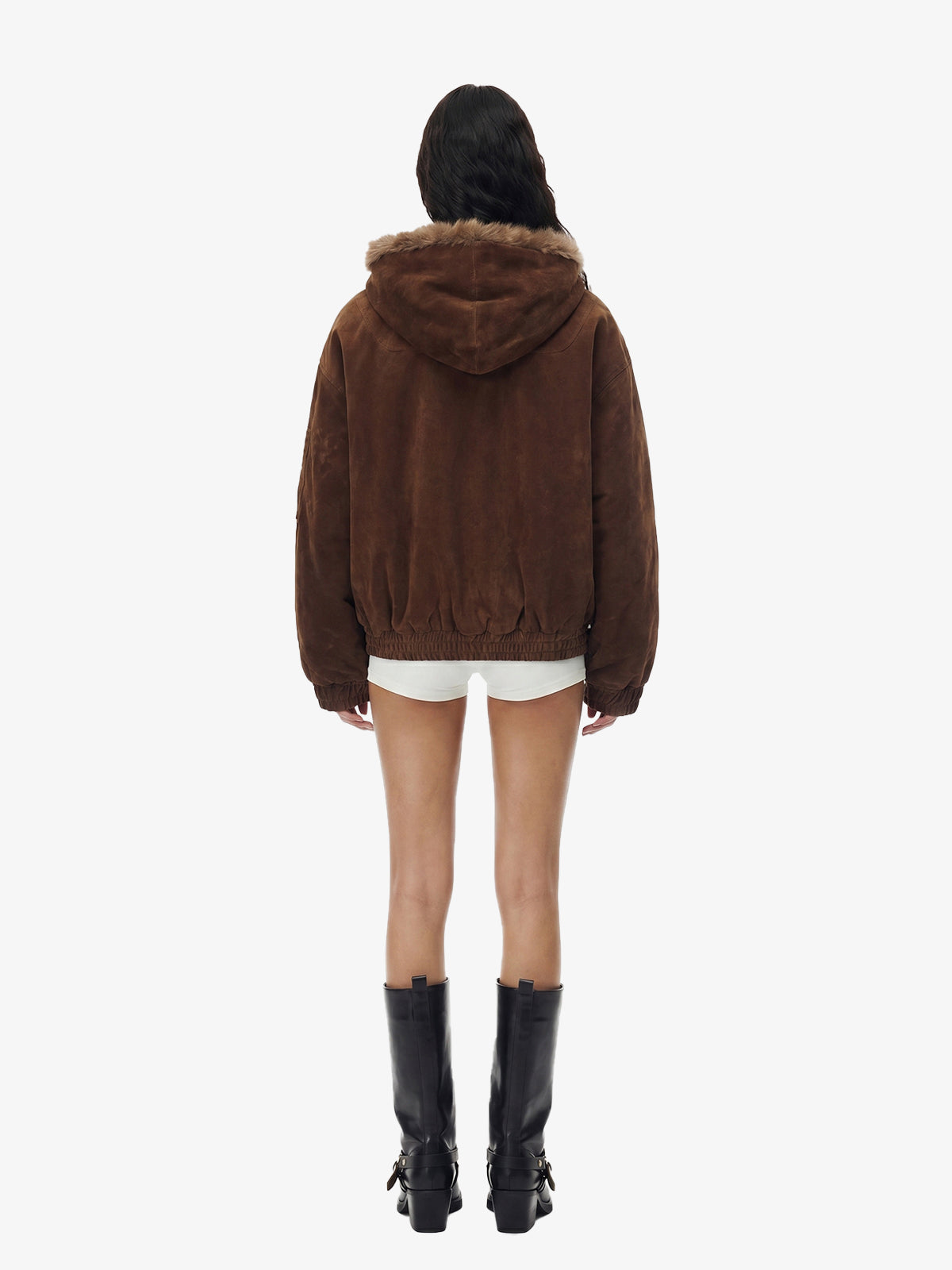 Streetwear Metal Clip Faux Fur Hooded Suede Bomber Jacket - 2597 