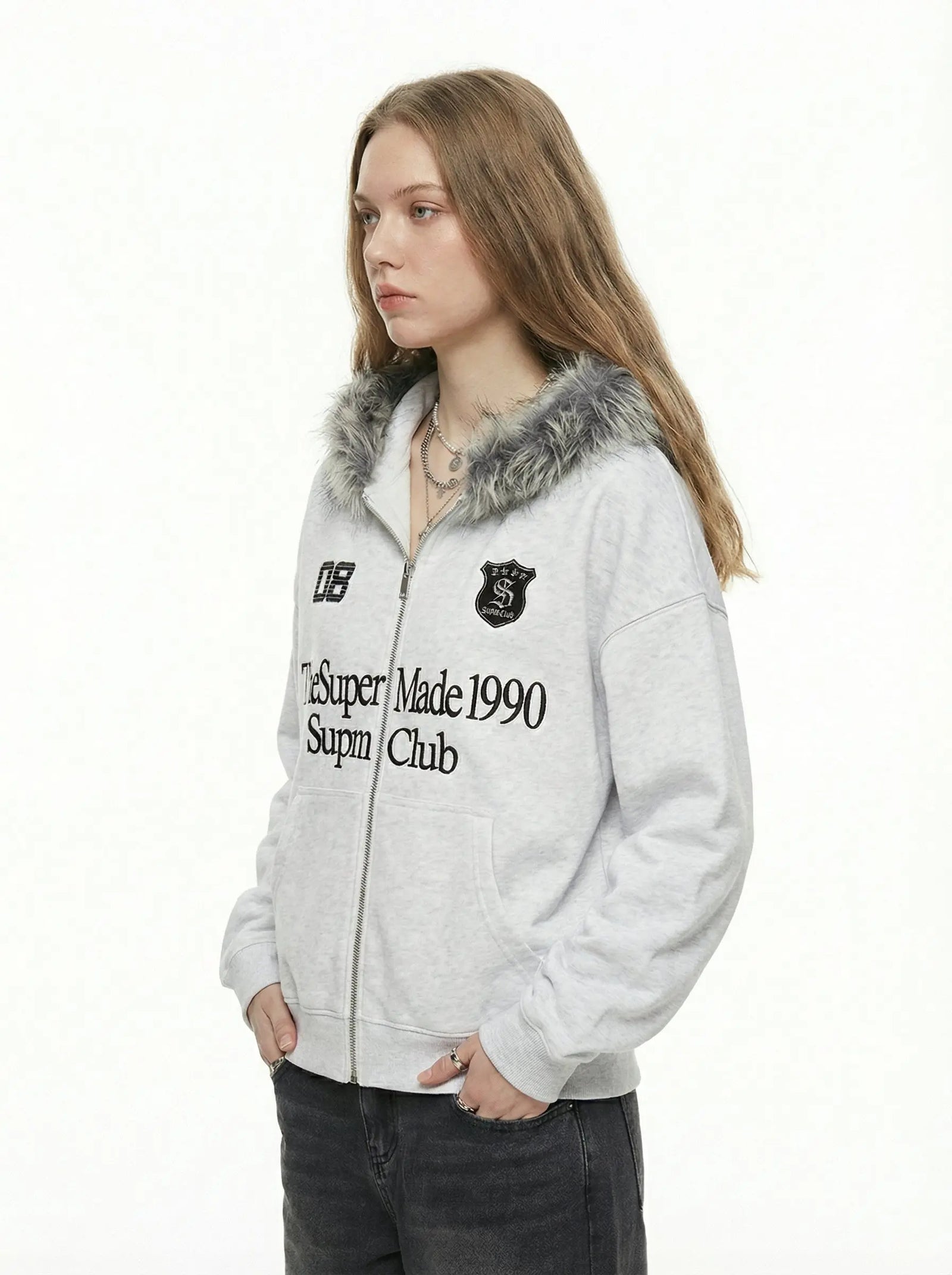 Letter Medal Embroidered Cardigan Fur Collar Zip Up Hoodie- 2502 