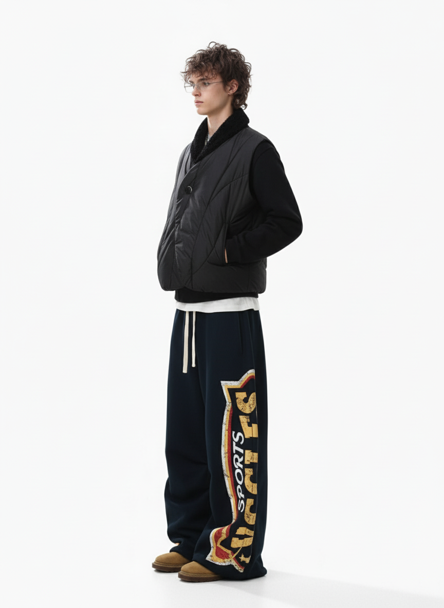 Street Letter Print Fleece-Lined Wide-Leg Sweatpants 